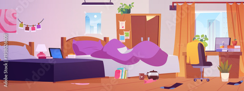 Dormitory or hostel interior bedroom in a mess, scattered things, furniture wardrobe, table laptop, students apartment
