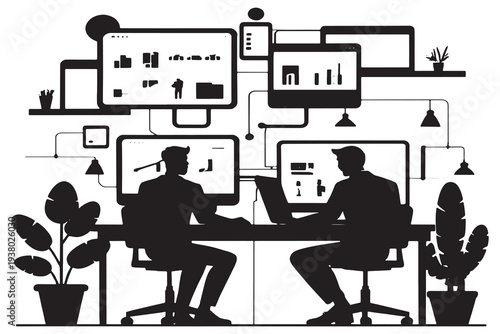 Businessman working diligently at modern office desk with multiple screens