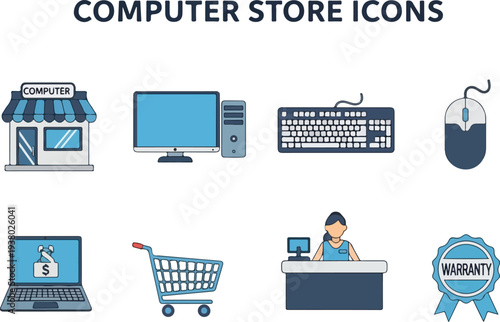 Computer store icons illustration with a store computer keyboard mouse laptop cart cashier warranty