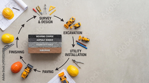 Construction process for road infrastructure using various materials and equipment
