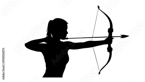 Female Archer Aiming Bow and Arrow Silhouette Vector