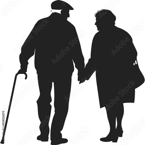 Silhouette of an Elderly Couple Holding Hands with a Walking Cane