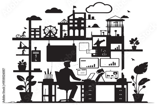 Businessman working diligently at modern office desk with multiple screens