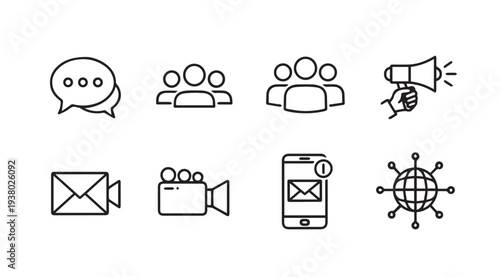 Communication and Social Media Icons Set: Chat People Megaphone Email Video Phone Global Network
