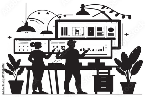 Businessman working diligently at modern office desk with multiple screens