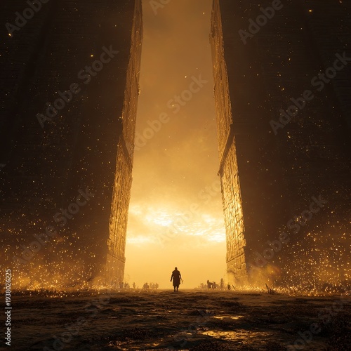 Epic cinematic shot, the massive gates of Valhalla swinging open, a silhouette of a fallen warrior entering into a world of golden light and cheering heroes