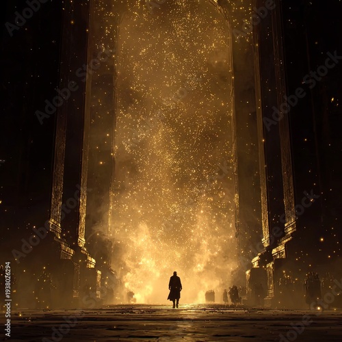 Epic cinematic shot, the massive gates of Valhalla swinging open, a silhouette of a fallen warrior entering into a world of golden light and cheering heroes