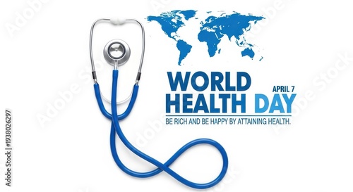 World health day stethoscope and globe logo on white background for health awareness campaigns