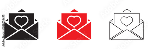 Love Letter Envelope Icons Set With Hearts. Envelopes with heart symbols representing love messages, romantic email, and Valentine communication in black, red, and outline styles.