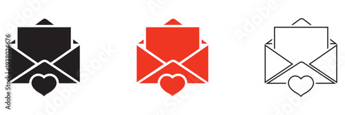 Love Letter Envelope Icons Set With Hearts. Envelopes with heart symbols representing love messages, romantic email, and Valentine communication in black, red, and outline styles.