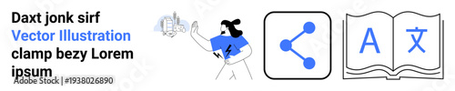 Digital transformation, online communication, language learning, global connection, education, sharing content. Graphic showing sharing symbol, translation book person with tech elements. Digital