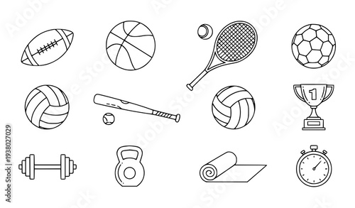 Sports icon set – ball, trophy, and fitness equipment vector symbols