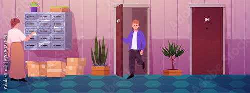 A corridor of an apartment building with doors, a mailbox, flowers, and boxes.