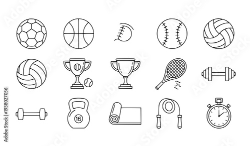 Sports and fitness vector icon pack – trophy, balls, and equipment symbols