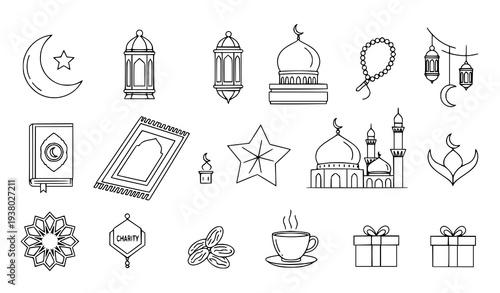 Islamic religious celebration icon set – Ramadan and Eid vector symbols