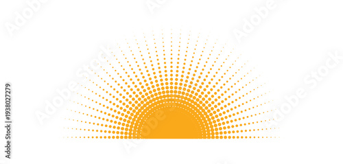 Yellow Halftone Sunburst Vector Illustration, Minimalist Semicircle Sunset Graphic with Dotted Gradient Effect for Summer Travel and Modern Weather App Interface Design