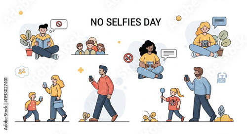 People Enjoying Activities Vector Illustration for No Selfies Day