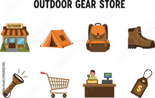 Illustration of outdoor gear Store tent backpack boot flashlight cart cashier tag