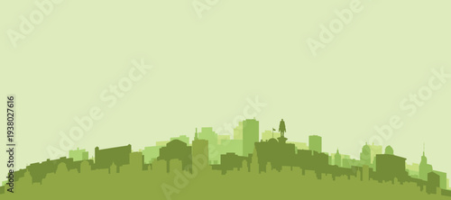 Green panoramic poster of the city skyline with solid background buildings on a hilly terrain of SOFIA, BULGARIA