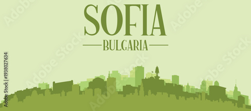 Green panoramic poster of the city skyline with solid background buildings on a hilly terrain of SOFIA, BULGARIA