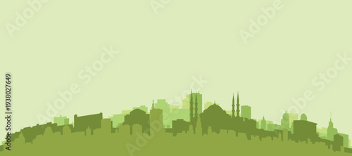 Green panoramic poster of the city skyline with solid background buildings on a hilly terrain of ISTANBUL, TURKEY