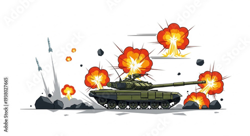 Military Tank Under Heavy Attack.