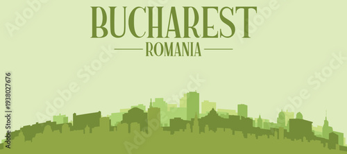 Green panoramic poster of the city skyline with solid background buildings on a hilly terrain of BUCHAREST, ROMANIA