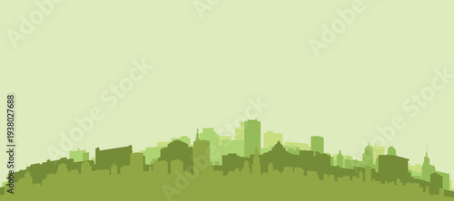 Green panoramic poster of the city skyline with solid background buildings on a hilly terrain of BUCHAREST, ROMANIA
