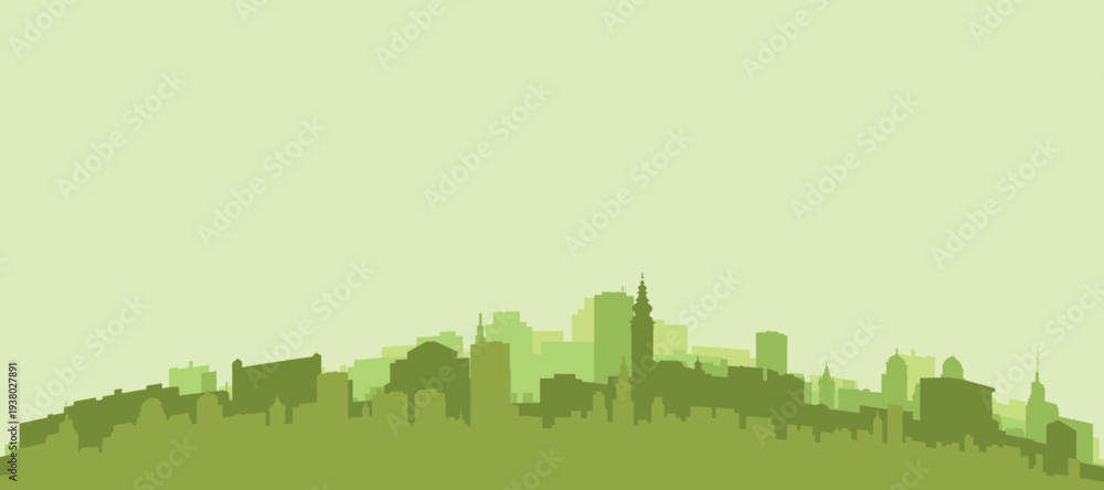 Naklejka premium Green panoramic poster of the city skyline with solid background buildings on a hilly terrain of SALZBURG, AUSTRIA