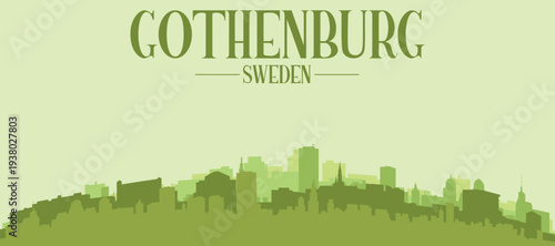 Green panoramic poster of the city skyline with solid background buildings on a hilly terrain of GOTHENBURG, SWEDEN