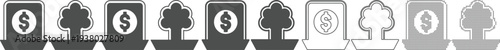 Money and trees icons in various styles and shades of gray on transparent background