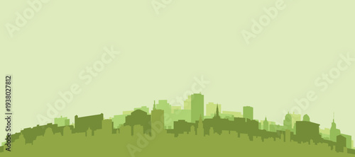 Green panoramic poster of the city skyline with solid background buildings on a hilly terrain of GOTHENBURG, SWEDEN