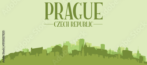 Green panoramic poster of the city skyline with solid background buildings on a hilly terrain of PRAGUE, CZECH REPUBLIC