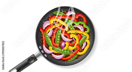 Colorful stir fry vegetables in a black frying pan with handle cooking concept with vibrant peppers onions and peas on white background