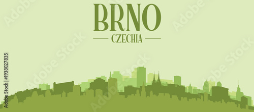 Green panoramic poster of the city skyline with solid background buildings on a hilly terrain of BRNO, CZECH REPUBLIC