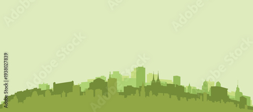 Green panoramic poster of the city skyline with solid background buildings on a hilly terrain of BRNO, CZECH REPUBLIC