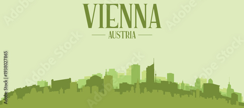 Green panoramic poster of the city skyline with solid background buildings on a hilly terrain of VIENNA, AUSTRIA