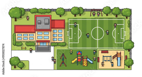 Aerial view of a school building with playground and soccer field.
