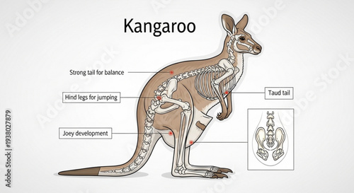 Anatomy of a kangaroo with labeled skeletal system and joey development in pouch