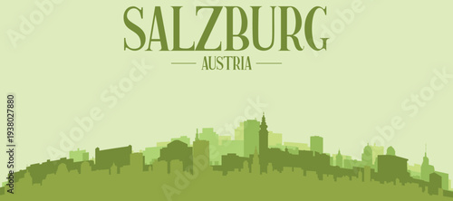 Green panoramic poster of the city skyline with solid background buildings on a hilly terrain of SALZBURG, AUSTRIA