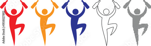 Set of colorful dancing silhouettes with bottles isolated on transparent background