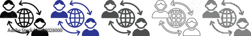 Set of global communication icons representing people and globe with arrows in various styles and colors