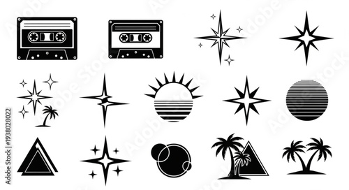 Retro cassette tapes and abstract sun and starburst graphics.