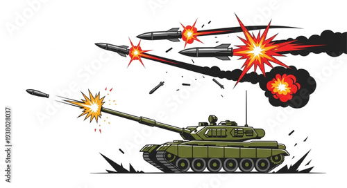 Military Tank Firing Missiles Illustration.
