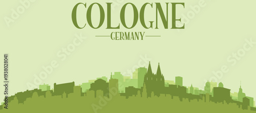 Green panoramic poster of the city skyline with solid background buildings on a hilly terrain of COLOGNE, GERMANY