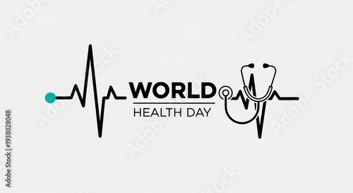 World health day logo with stethoscope and heartbeat line on gray background