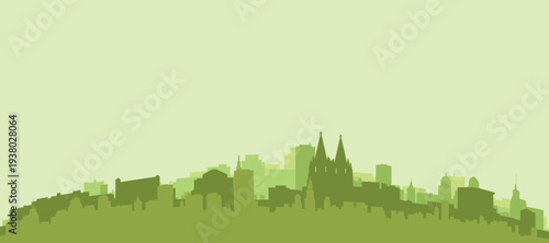 Green panoramic poster of the city skyline with solid background buildings on a hilly terrain of COLOGNE, GERMANY