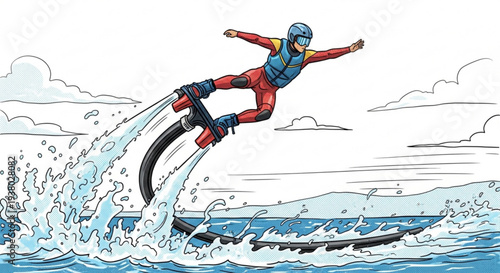 Man in red wetsuit flying on hydrofoil board over ocean waves with blue skies