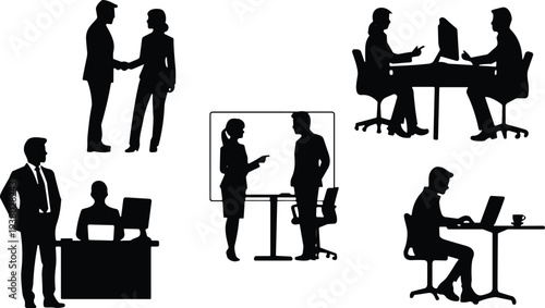 Business people silhouettes collection, office workers meeting handshake discussion and laptop work scenes, corporate teamwork vector illustration set