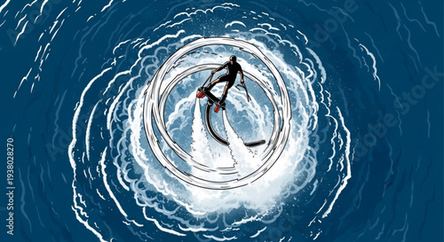 Man surfing on a wave in the ocean from above creating circular ripples in the water with his board